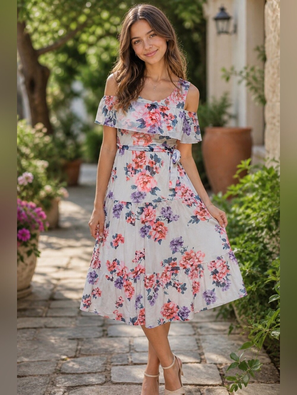 Girls Poppies & Roses Maxi Dress Sz Medium White Floral Off Shoulder Wedding